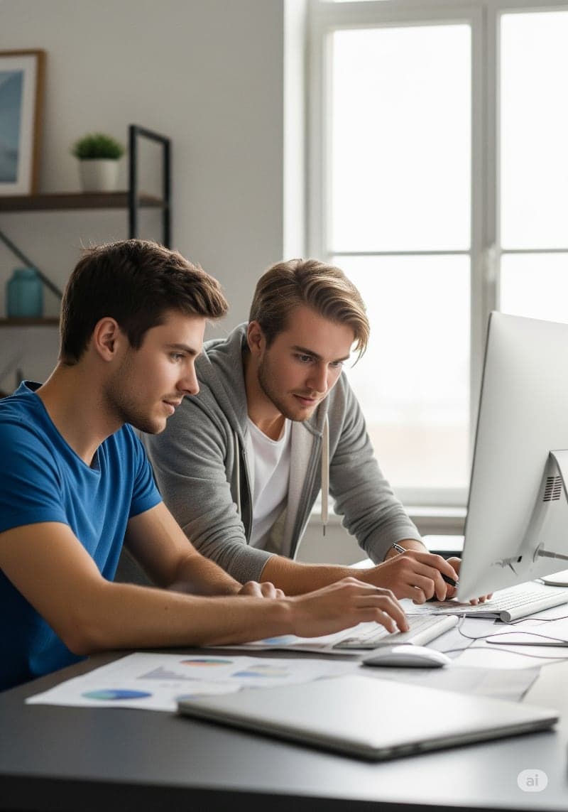 Zwei junge Männer arbeiten als Team an einem Computer im Büro.